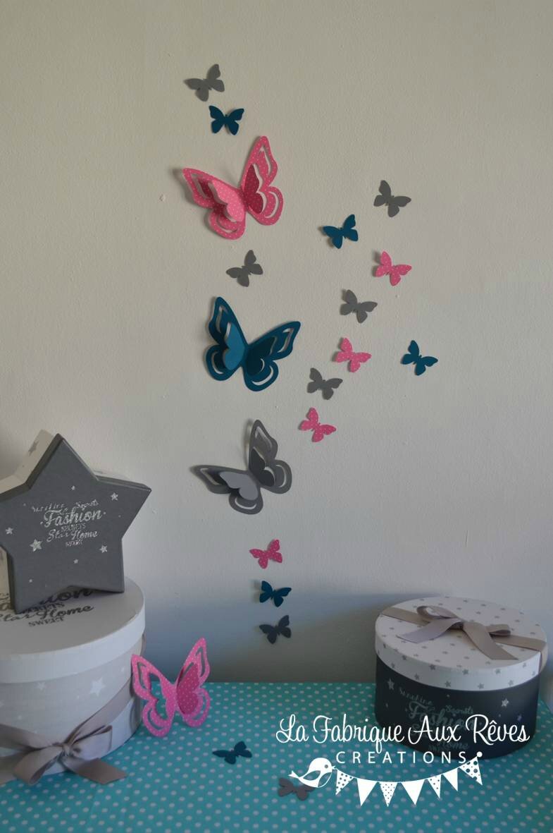 Stickers papillons 3d rose vif bleu pétrôle canard gris ...