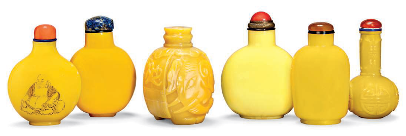 Six opaque yellow glass snuff bottles, 19th century