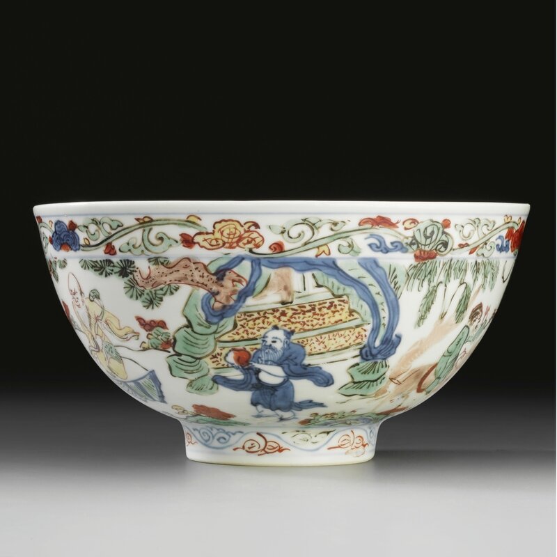 A fine 'wucai' 'Immortals' bowl, Wanli Mark And Period(1573-1620)