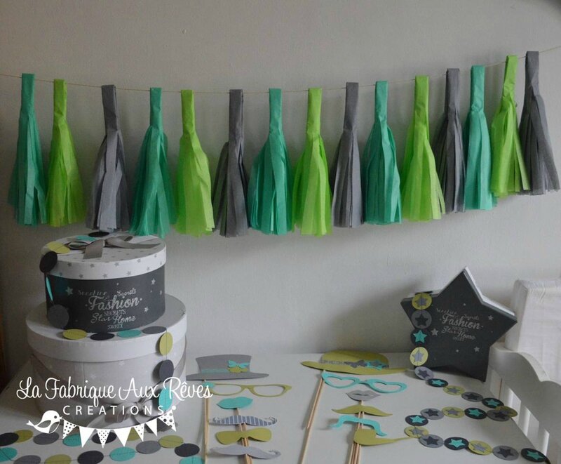 guirlande tassel gland papier soie gris vert anis turquoise caraïbe vert d'eau - décoration baptême chambre enfant bébé gris vert anis turquoise caraïbevert d'eau