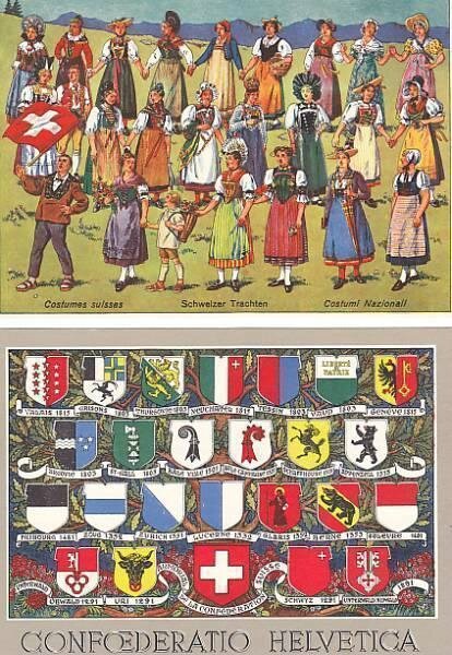 2-cartes-postales-non-ecrites-costumes-et-drapeaux-suisse