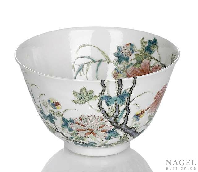 A very rare Imperial famille rose peony bowl, China, underglaze blue Qianlong seal mark and period