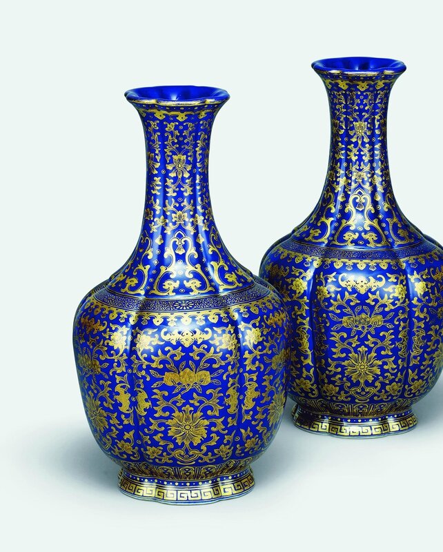 A pair of gilt-decorated blue-glazed 'longevity' vases, Daoguang period (1821-1850), 'Shen De Tang Zhi' mark (Made for the Hall for the Cultivation of Virtue)