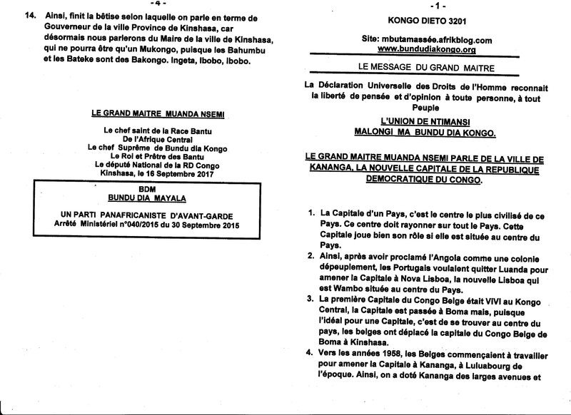 LE GRAND MAITRE MUANDA NSMEI PARLE DE LA VILLE DE KANANGA a