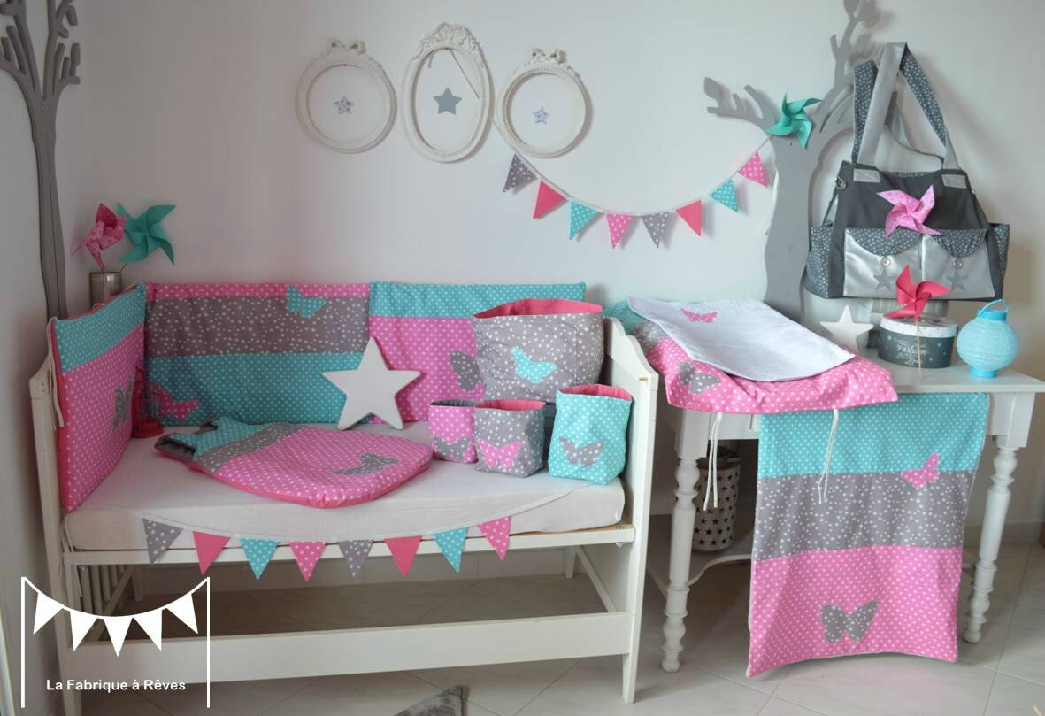 Décoration chambre bébé fille rose turquoise gris étoiles pois ...