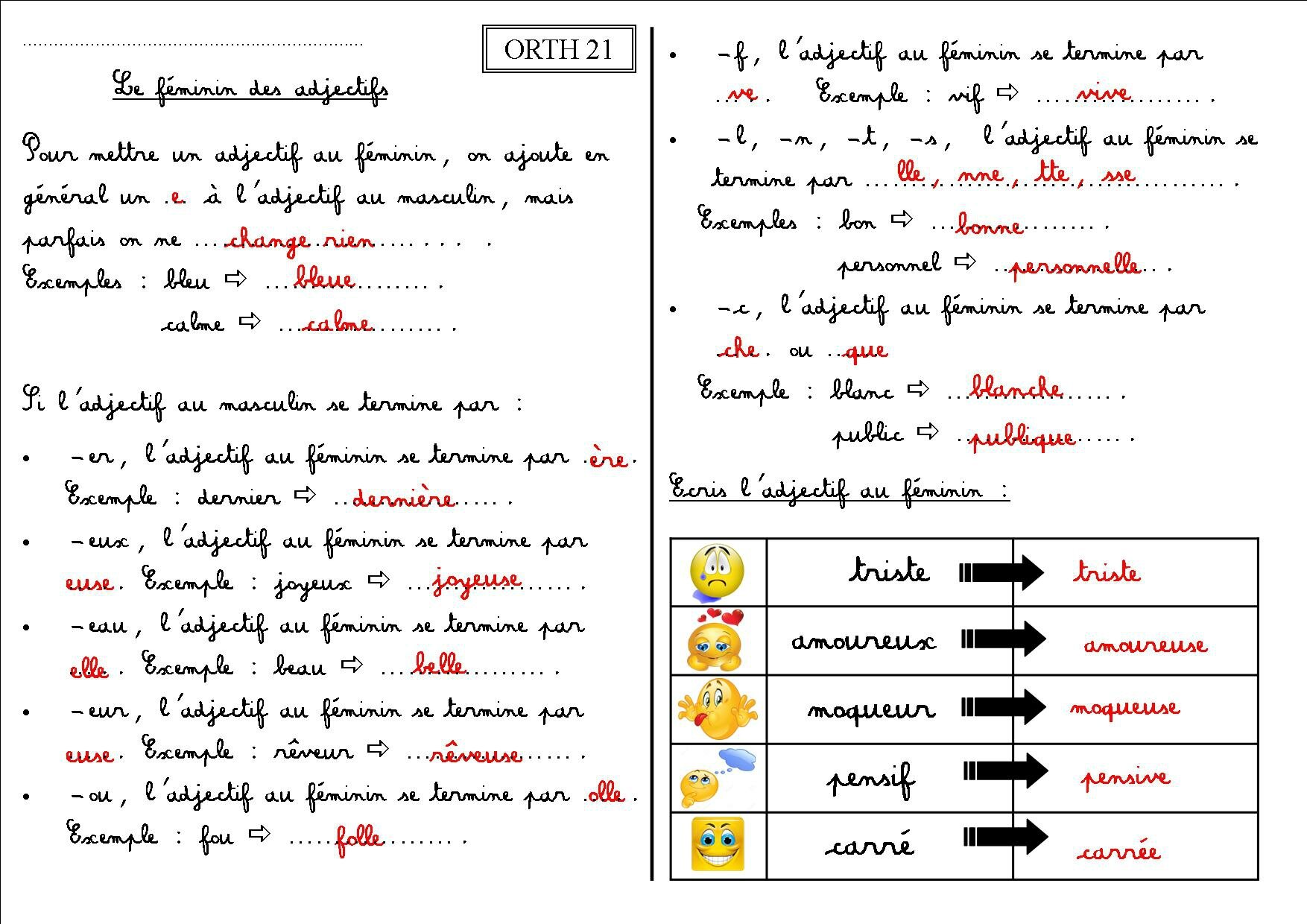 ORTH 21 CE1 : le féminin des adjectifs - La classe des CE de Villebois