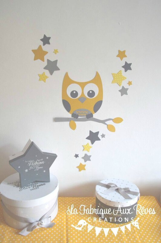 stickers décoration chambre enfant bébé branche hibou étoiles jaune gris clair gris foncé