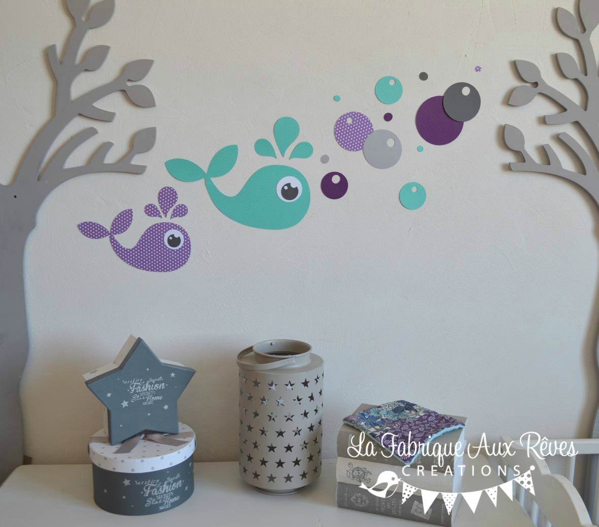Stickers baleine turquoise violet gris bulles décoration chambre ...