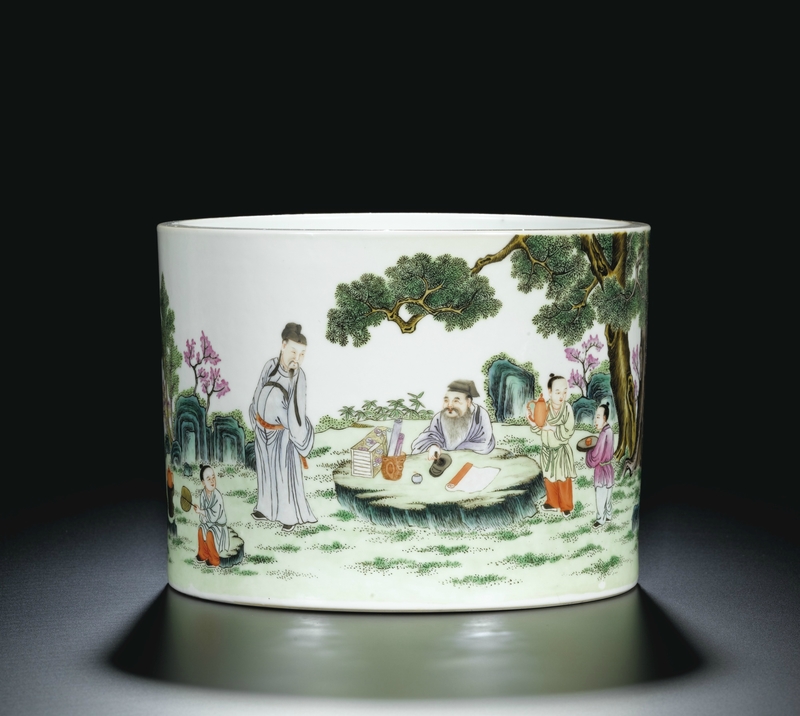 A rare famille-rose 'figural' brushpot, inscribed with a poem by Su Dongpo, signed Tang Ying, Qing dynasty, 19th century