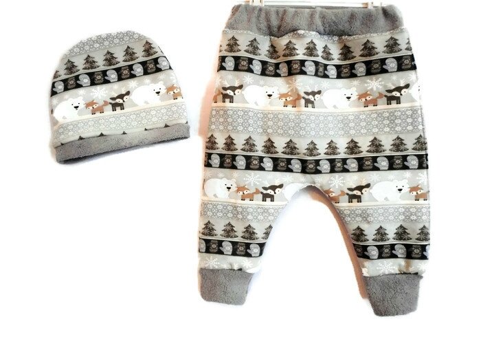 Ens bébé 12 mois bonnet et sarouel doublé ours rennes gris