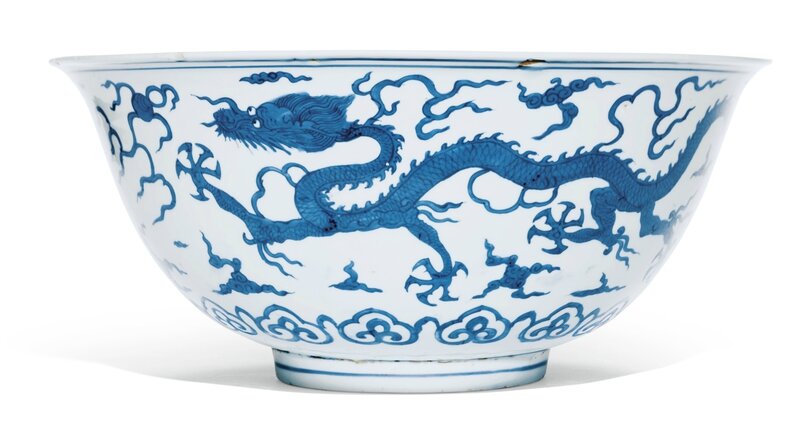 A large blue and white 'dragon' bowl, Jiajing mark and period (1522-1566)