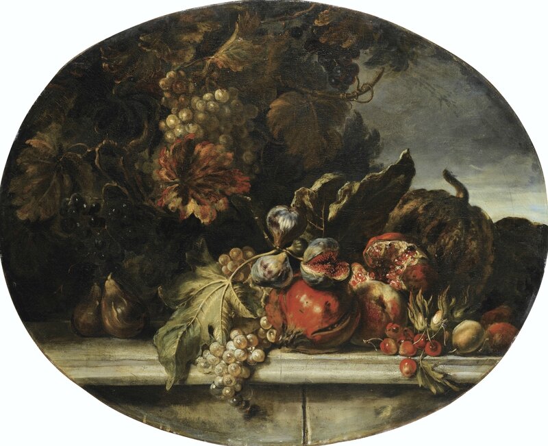 Nicolas de Largillierre (Paris 1656 – 1746), Nature morte aux raisins, grenades et figues sur un entablement de pierre