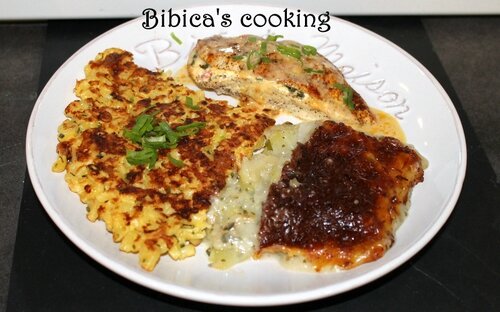 Filets de poulet farcis au basilic et Philadephia poivrons grill+®s - galette croustillante de p+ótes - gratin de chou-rave b+®chamel