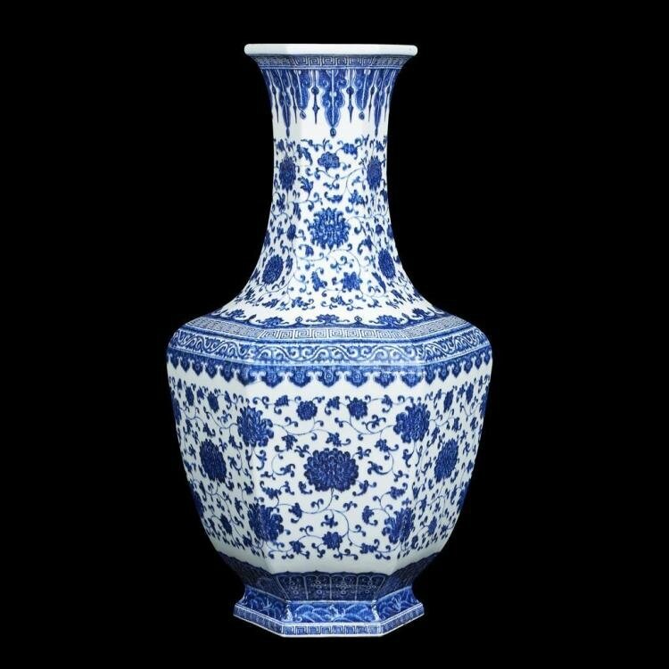 A rare and impressive Chinese blue and white porcelain hexagonal vase, Qianlong six-character mark and of the period (1736-1795)