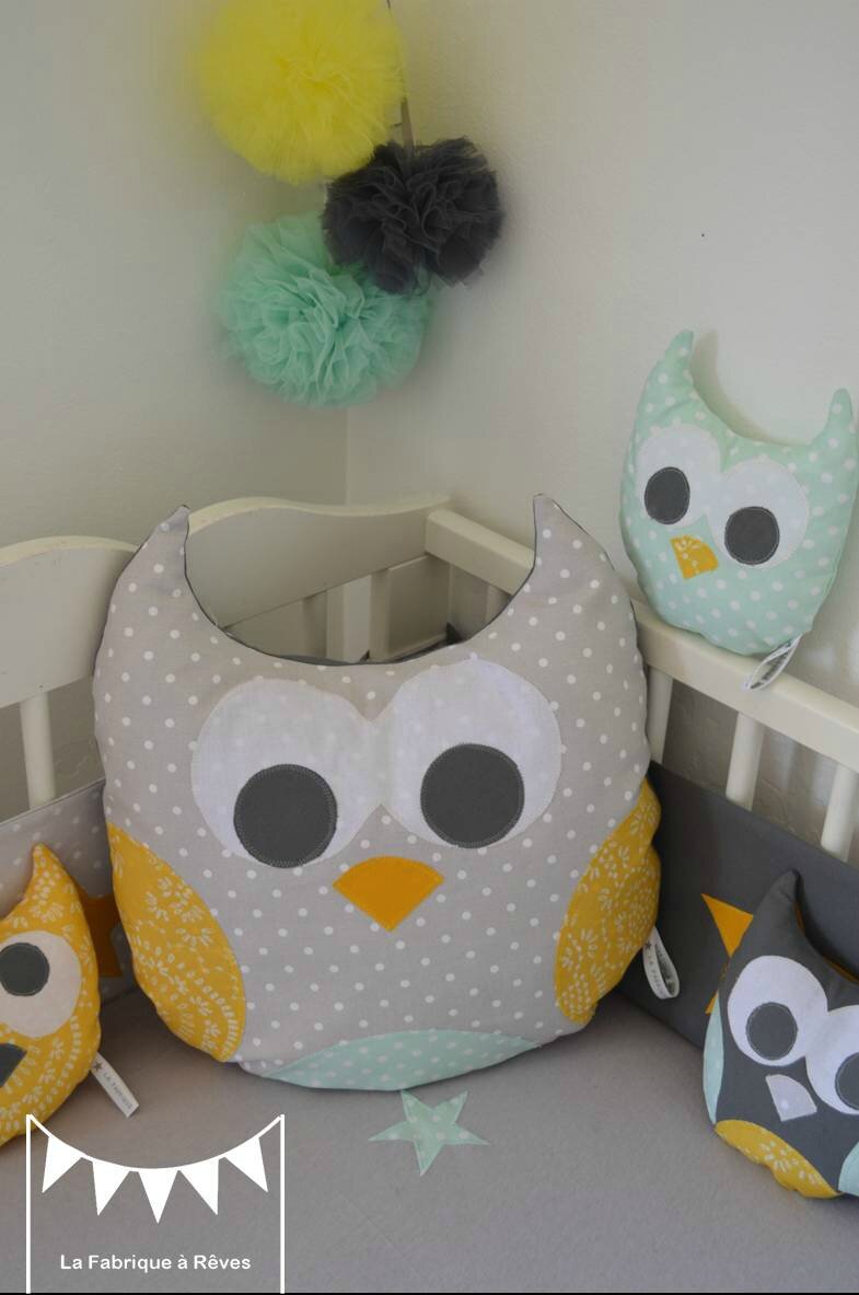 Coussin hibou chouette étoiles jaune gris vert amande vert eau ...