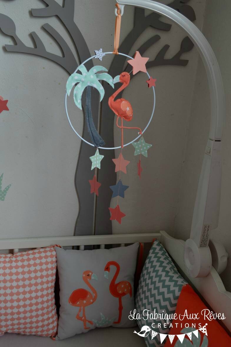 Décoration chambre bébé flamant rose palmier étoiles nuages mint ...