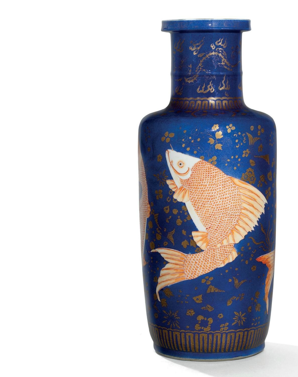 A fine and rare iron-red and gilt-decorated 'Carp' rouleau vase