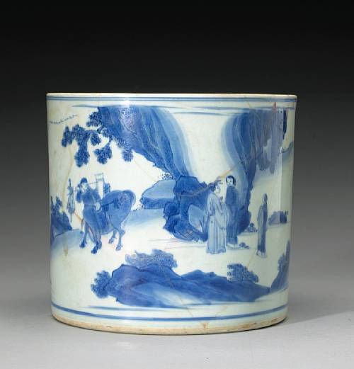 A blue and white Transitional brush pot, 17th Century with Chenghua mark. -  Bukowskis