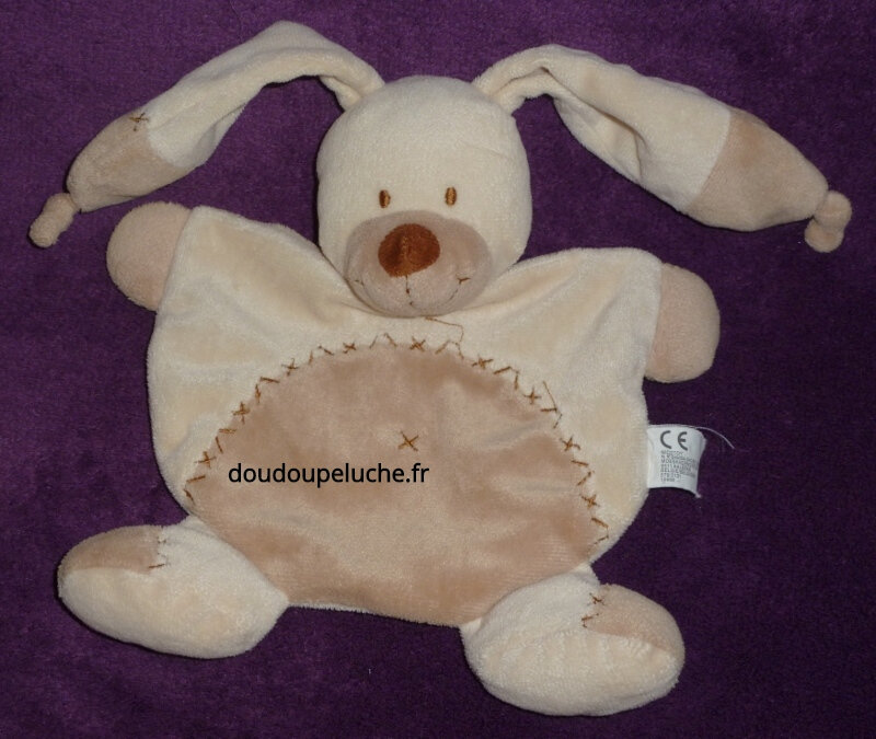 Doudou Plat Lapin Bastien Nicotoy Beige Marron Velours