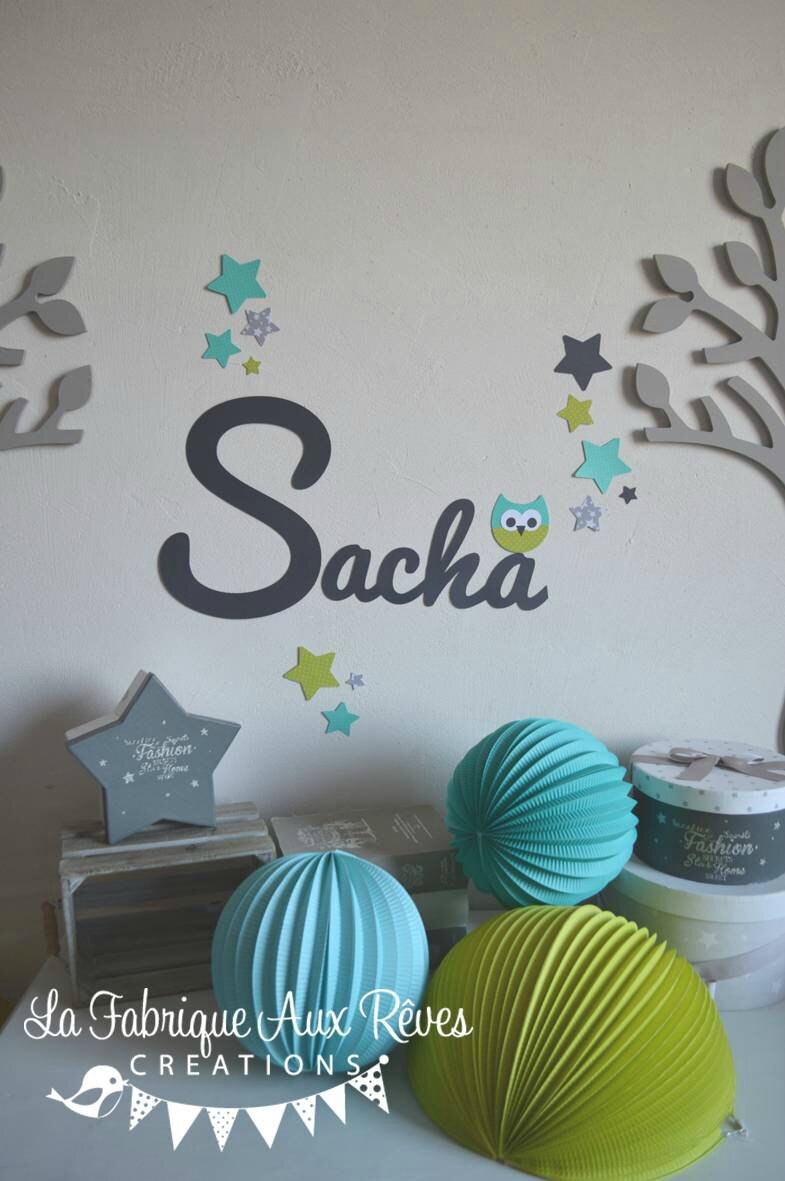 Stickers prénom garçonhibou étoiles turquoise vert anis gris hibou ...