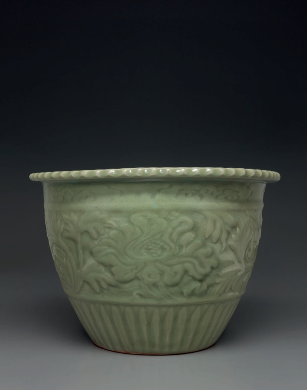 A rare Longquan celadon carved jardinière, Early Ming dynasty, 14th century