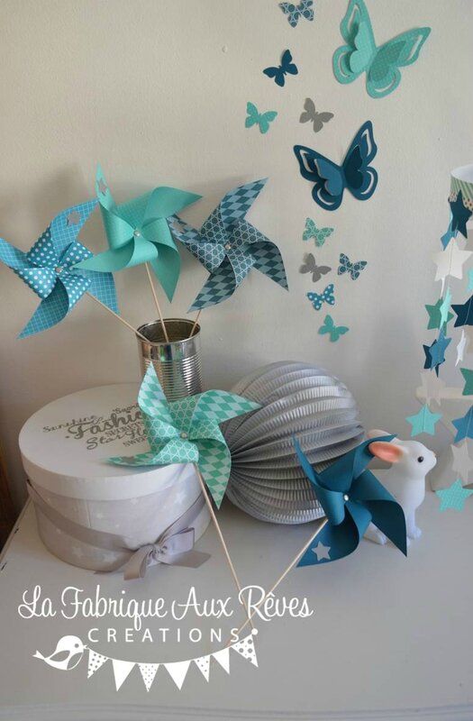 moulins à vent décoration chambre enfant bébé turquoise caraïbe pétrole blanc bleu canard