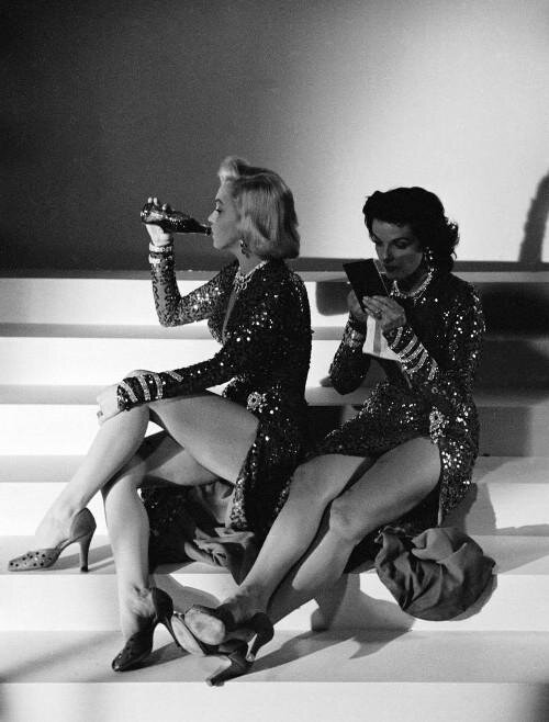Marilyn Monroe and Jane Russell on the set of 'Gentlemen Prefer Blondes', 1953