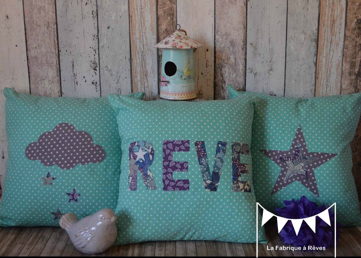 3 housses coussins turquoise violet blanc bleu étoiles nuages ...