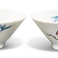 A pair of small doucai 'phoenix' conical cups, qing dynasty, kangxi period (1662-1722)