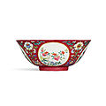 A fine ruby-ground famille-rose sgraffiato medallion bowl, seal mark and period of jiaqing (1796-1820)