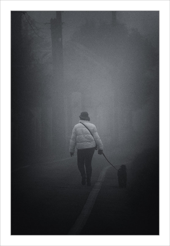 Passante anorak blanc chien noir brouillard 091119