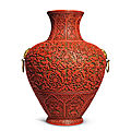 An impressive carved three-colour lacquer baluster vase, mid-qing dynasty, 18th century