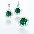A rare pair of 8.02 and 7.63 carats colombian emerald and diamond ear pendants & 17.15 carats colombian emerald and diamond ring