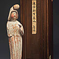 A painted red pottery figure of a standing court lady,Tang dynasty (AD 618-907)