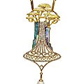 An art nouveau opal, diamond and enamel 'cedars' pendent necklace, by georges fouquet