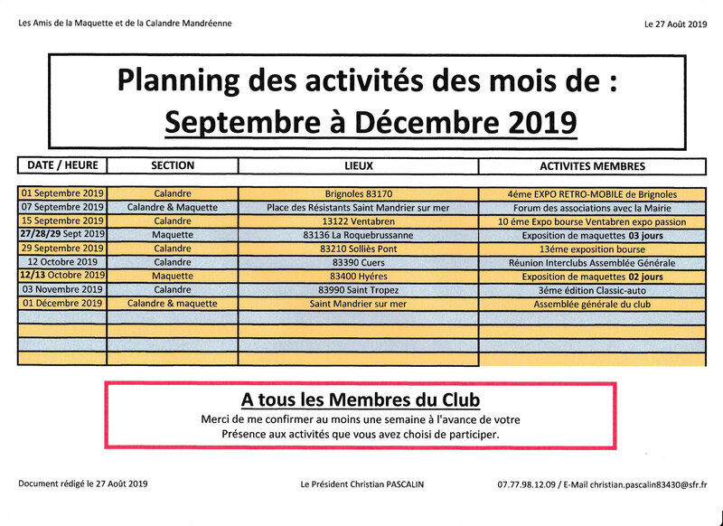 28-08-2019 Planning des activités du Club de Septembre à Décembre 2019