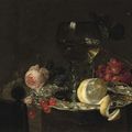 Simon luttichuys and cornelis de heem, 'roemer' with white wine, a partially peeled lemon, cherries and other fruit on a silver