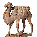 A painted pottery figure of a striding Bactrian camel, Tang dynasty (AD 618-907)