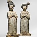 A pair of painted pottery figures of ladies, Tang dynasty