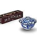 A 'bleu de Hué' porcelain bowl and cover and a mother-of-pearl inlaid huali box and cover, Vietnam, 19th century