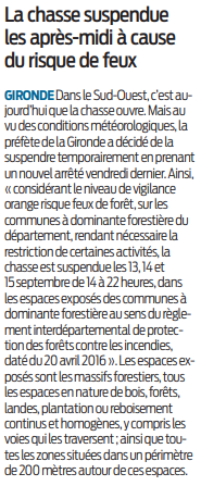 2020 09 13 SO La chasse suspendue les après-midi à cause du risque de feu