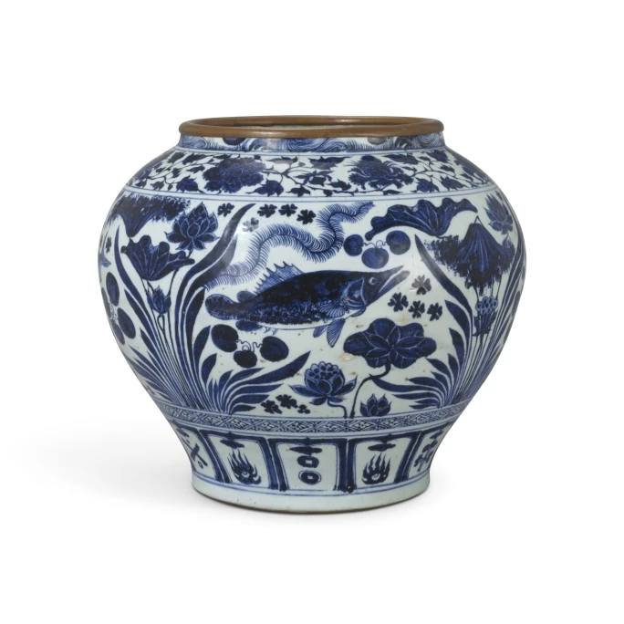 A blue and white 'fish' jar, Yuan dynasty