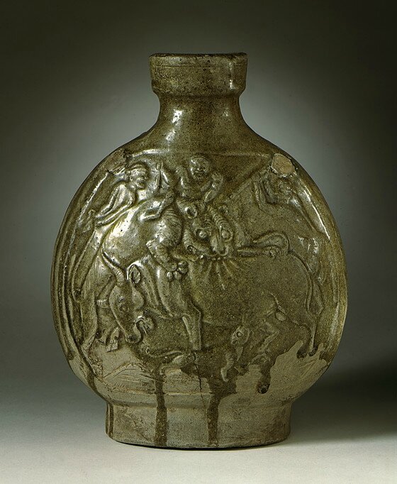 Flask (Bianhu) with a Lion Attacking an Ox, China, Late Six Dynasties period, Northern Zhou dynasty or Sui dynasty, 556-618
