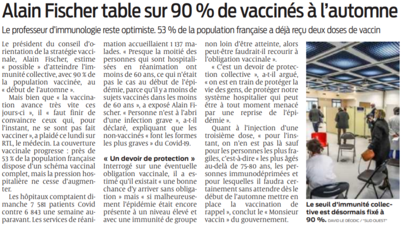2021 08 03 SO Alain Fischer table sur 90 pour cent de vaccinés à l'automne