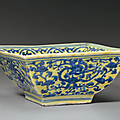 An underglaze blue-decorated yellow-ground square bowl, jiajing six-character mark in underglaze blue and of the period 