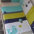couverture bébé baleine étoiles vert anis bleu turquoise bleu marine gris blanc - linge lit bébé turquoise anis gris blanc 2