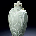 A Rare Small ‘Yueyao’ ‘Lotus-Bud’ Carved Slender Baluster Jar and Cover, Five Dynasties, 10th Century