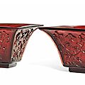 A pair of of small Chinese square-form red glass jardinières, early 20th century