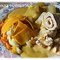 Roulés de dinde cheddar et tagliatelles de butternut, courgettes, carottes + velouté