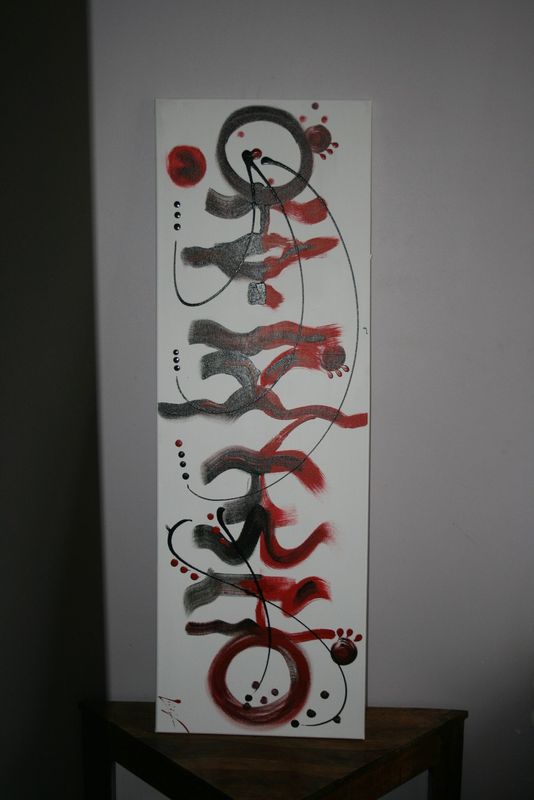Tableau abstrait contemporain : " Nunu et Scarelette " rouge, noir, blanc